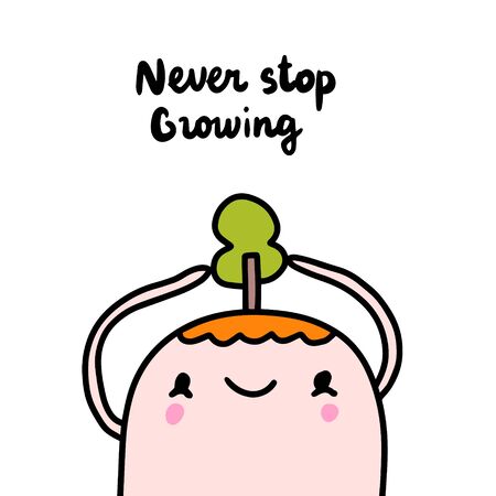 Never stop growing hand drawn vector illustration in cartoon comic style man holding plant tree on his head card print posterのイラスト素材