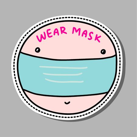 Wear mask coronavirus covid protection in cartoon comic style pin sticker patch pandemic supportのイラスト素材