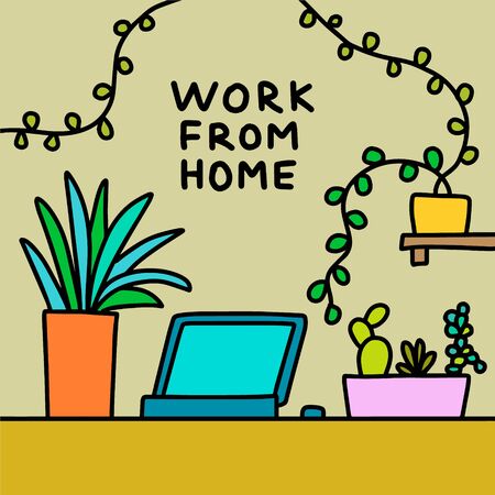 Work from home hand drawn vector illustration in cartoon comic style laptop quarantine isolation office vibrant colors print poster cardのイラスト素材