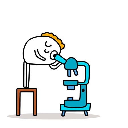 Microscope hand drawn vector illustration in cartoon comic style man looking in it science equipment print poster card bannerのイラスト素材