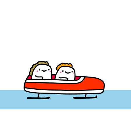 Bobsleigh hand drawn vector illustration in cartoon comic style sportive people inside print poster cardのイラスト素材