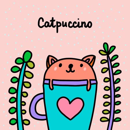 Cat cappuccino hand drawn vector illustration in cartoon comic style animal sitting inside textured background wallpaper print poster cardのイラスト素材