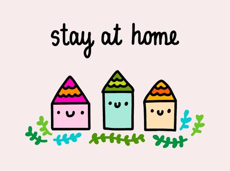 Stay at home hand drawn vector illustration in cartoon comic style houses smiling pandemic infection isolation pastel colors tender print poster cardのイラスト素材
