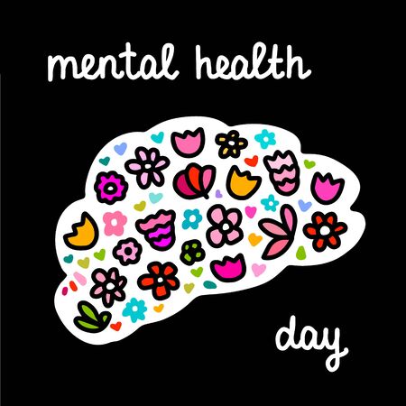 Mental health hand drawn vector illustration logotype neurology disease awareness day flowers blooming inside brain black silhouette print poster card bannerのイラスト素材