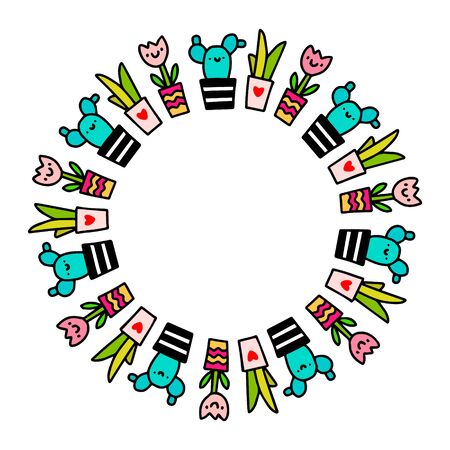 Cactus hand drawn vector mandala wreath illustration in cartoon comic style plants flowers growingのイラスト素材