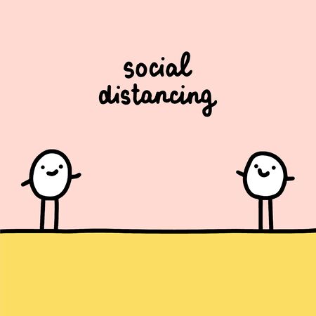 Social distancing hand drawn vector illustration in cartoon comic style people apart quarantine rulesのイラスト素材