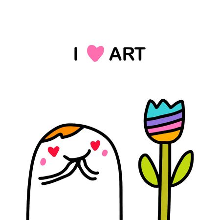 I love art hand drawn vector illustration in cartoon comic style man cheerful looks at tulip colored tenderのイラスト素材