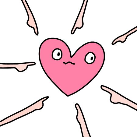 Look at him hand drawn vector illustration in doodle cartoon style heart symbol sad and anxious people aroundのイラスト素材