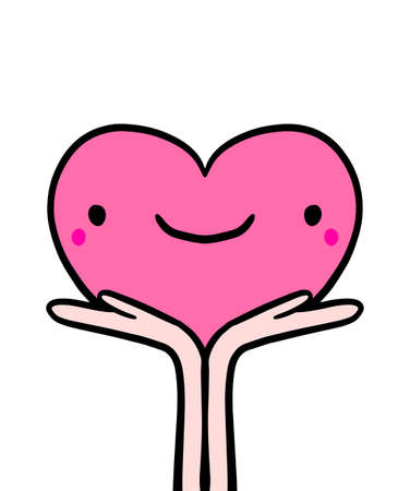 Heart in hands vector illustration in cartoon doodle comic kawaii style smiling love symbol pinkのイラスト素材