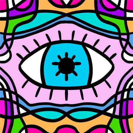 Surreal background with open eye hand drawn vector illustration in doodle styleのイラスト素材