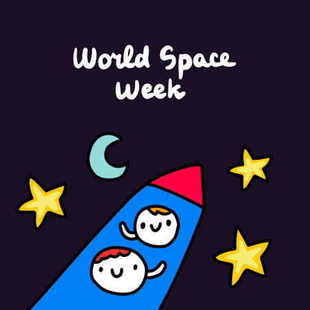 World space week hand drawn vector illustration in cartoon doodle style people happy to flyのイラスト素材