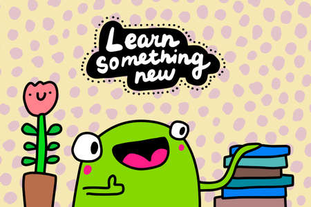 Learn something new hand drawn vector illustration in cartoon comic style frog happy readingのイラスト素材