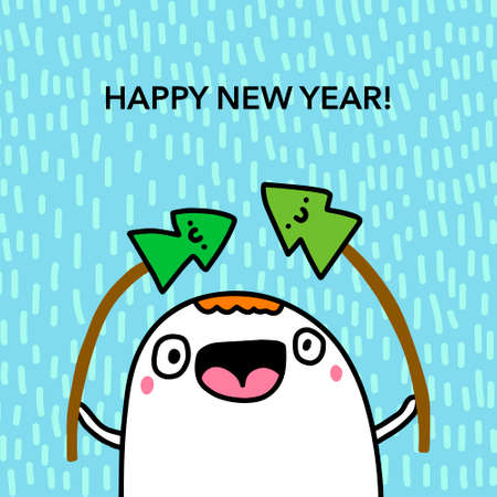 Happy new year hand drawn vector illustration in cartoon doodle style man cheerful holding pine treeのイラスト素材