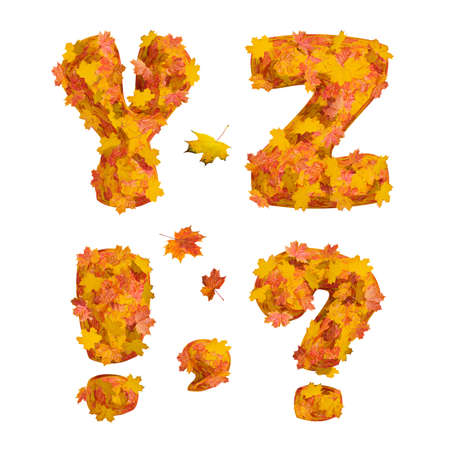 Set of isolated huge three-dimensional autumn alphabet letters Y, Z and punctuation marks on white background. 3D render.の写真素材