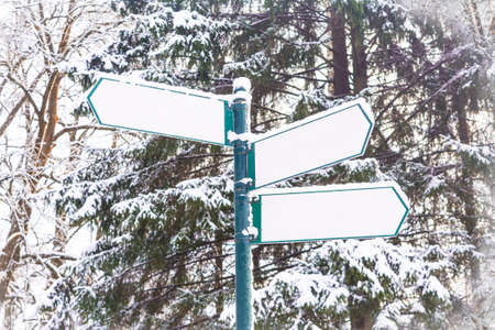 Arrow signboards covered by snow on winter forest background.の写真素材