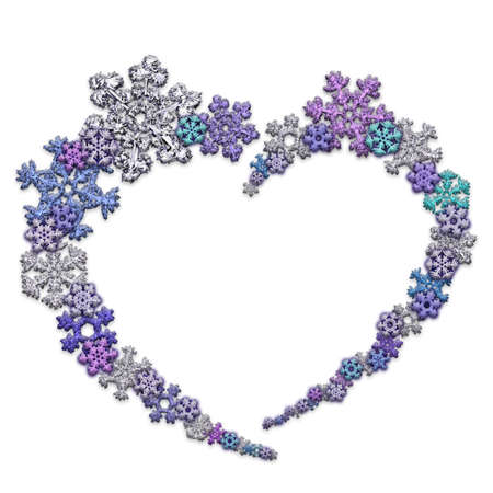 Beautiful heart shape made of different snowflakes on white background. Symbol of love and Valentine's Day. 3D render.の写真素材