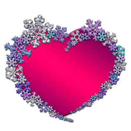 Beautiful pink heart made with different snowflakes on white background. Symbol of love and Valentine's Day. 3D render.の写真素材