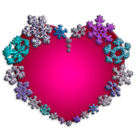Beautiful pink heart made with different snowflakes on white background. Symbol of love and Valentine's Day. 3D render.の写真素材