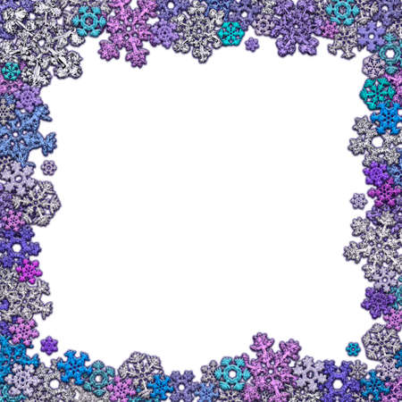 Square frame made of different multicolored snowflakes on white background. 3D render.の写真素材