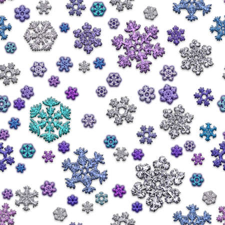 Jointless texture of different multicolored snowflakes on white background. 3D render.