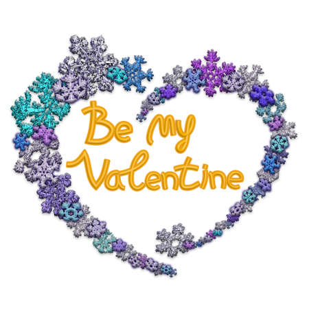 Beautiful heart shape with lettering Be my Valentine made of different snowflakes on white background. Symbol of love and Valentine's Day. 3D render.の写真素材