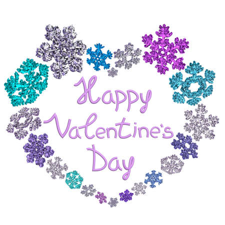 Beautiful heart shape with lettering Happy Valentine's day made of different snowflakes on white background. Symbol of love, wedding and Valentine's Day. 3D render.の写真素材