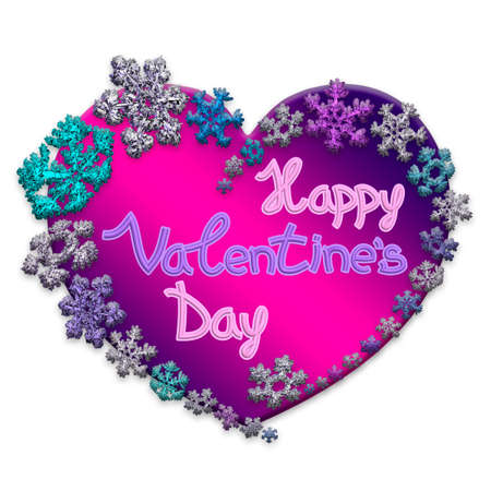 Beautiful pink heart with lettering Happy Valentine's day made of different snowflakes on white background. Symbol of love and Valentine's Day. 3D render.の写真素材