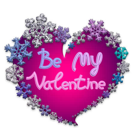 Beautiful pink heart with lettering Be my Valentine made of different snowflakes on white background. Symbol of love, and Valentine's Day. 3D render.の写真素材