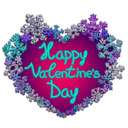 Beautiful pink heart with lettering Happy Valentine's day made of different snowflakes on white background. Symbol of love and Valentine's Day. 3D render.の写真素材