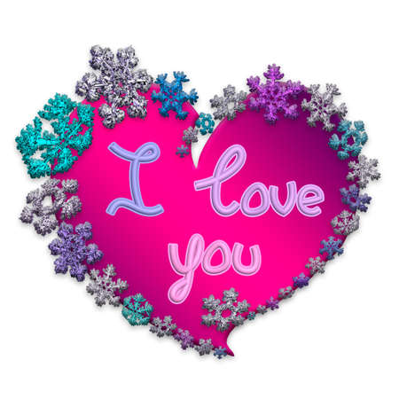 Beautiful pink heart with lettering I love you made of different snowflakes on white background. Symbol of love, wedding and Valentine's Day. 3D render.の写真素材