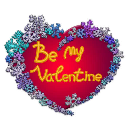 Beautiful red heart with lettering Be my Valentine made of different snowflakes on white background. Symbol of love and Valentine's Day. 3D render.の写真素材