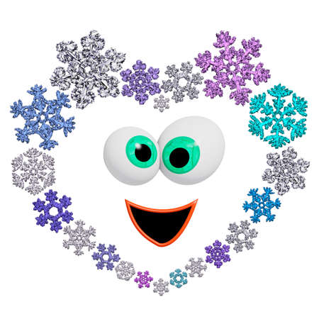 Funny animated heart made of different snowflakes on white background. Symbol of love, wedding and Valentine's Day. 3D render.の写真素材
