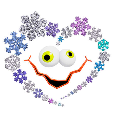 Funny animated heart made of different snowflakes on white background. Symbol of love, wedding and Valentine's Day. 3D render.の写真素材