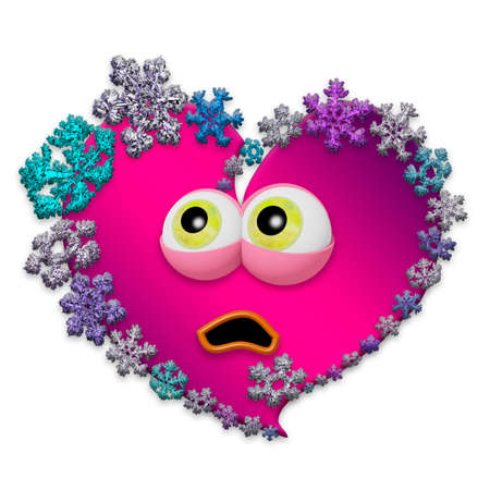 Frightened animated pink heart made of different snowflakes on white background. 3D render.の写真素材