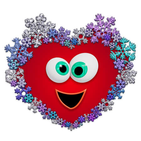 Funny animated red heart made of different snowflakes on white background. Symbol of love, wedding and Valentine's Day. 3D render.の写真素材
