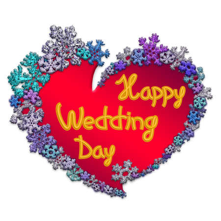 Beautiful red heart with lettering Happy Wedding Day made of different snowflakes on white background. Symbol of love, wedding and Valentine's Day. 3D render.の写真素材