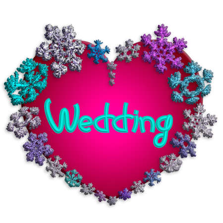 Beautiful pink heart with lettering Wedding made of different snowflakes on white background. Symbol of love, wedding and Valentine's Day. 3D render.の写真素材
