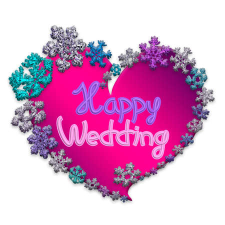 Beautiful pink heart with lettering Happy Wedding made of different snowflakes on white background. Symbol of love, wedding and Valentine's Day. 3D render.の写真素材