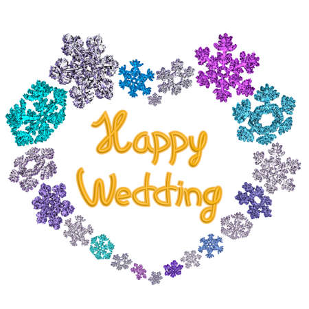 Beautiful heart shape with lettering Happy Wedding made of different snowflakes on white background. Symbol of love, wedding and Valentine's Day. 3D render.の写真素材