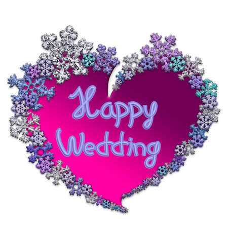 Beautiful pink heart with lettering Happy Wedding made of different snowflakes on white background. Symbol of love, wedding and Valentine's Day. 3D render.の写真素材