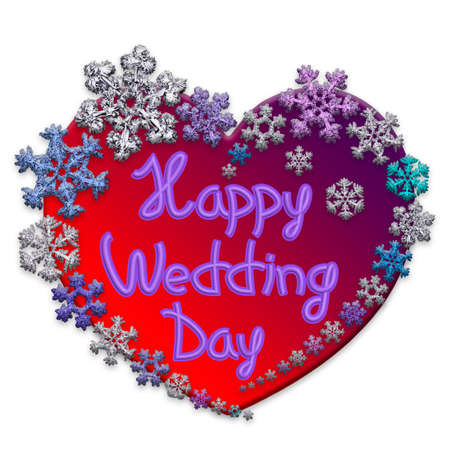Beautiful pink heart with lettering Happy Wedding Day made of different snowflakes on white background. Symbol of love, wedding and Valentine's Day. 3D render.の写真素材