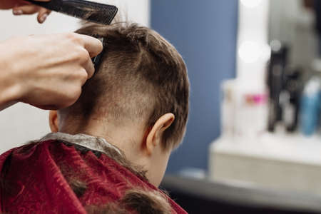 Little boy cut with hairdresser's machine. Close-up of woman hands grooming kid boy hair in barber...