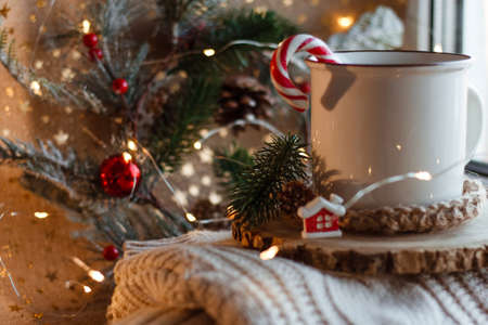 Cocoa mug on wooden stand and knitted sweaterの写真素材