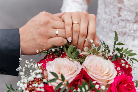 The hands of the bride and groom with rings on the background of a wedding bouquet of roses. The concept of marriageの写真素材