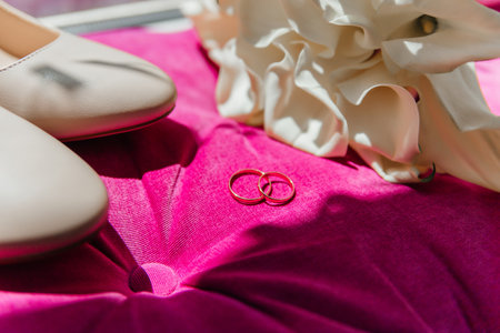 Beige shoes of the bride, gold wedding rings next to a bouquet of white calla lilies lying on a pink pillow, close-upの写真素材