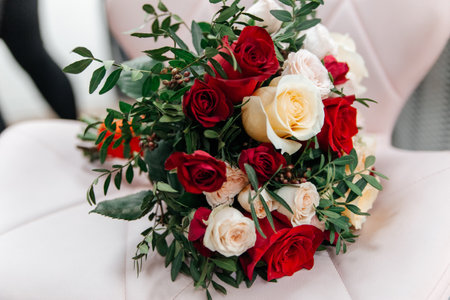 Delicate wedding bouquet of beige and red roses on a white leather armchairの写真素材