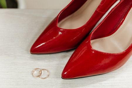 Red patent leather shoes of the bride near gold wedding ringsの写真素材