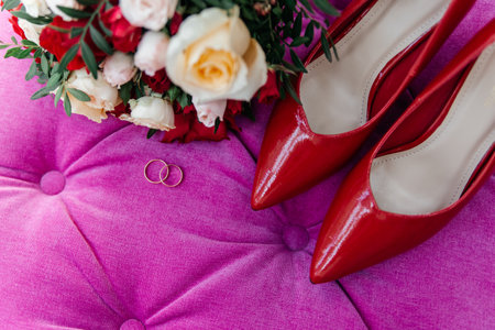 Red patent leather shoes of the bride near gold wedding rings and a bouquet of roses, top viewの写真素材