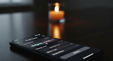 A smartphone displaying a financial app on a wooden table. A lit candle is in the background, creating a warm ambiance.の素材