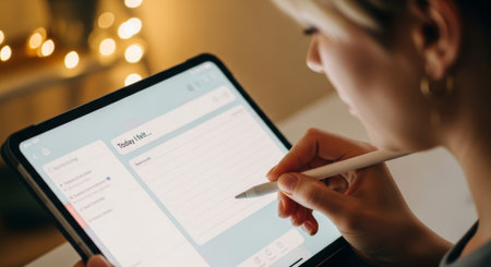 A young Caucasian woman with short blond hair writes on a tablet using a stylus. The background features soft, warm lighting and a cozy atmosphere.の素材